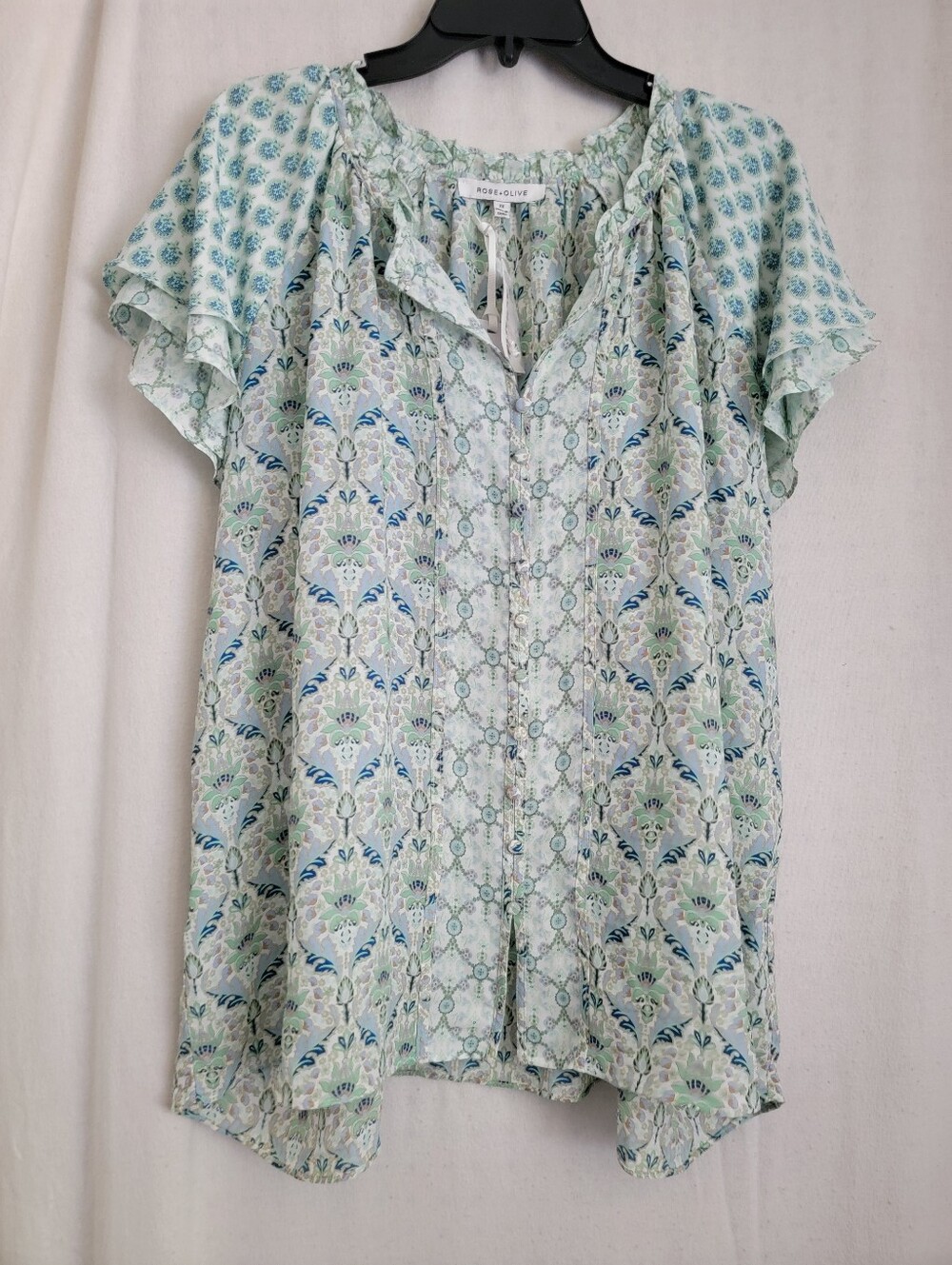 Rose & Olive Mint and Blue Floral Ruffle-Trim Blouse